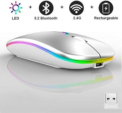 Wireless Bluetooth Mouse,LED Dual Mode Rechargeable Silent Slim Laptop Mouse,Portable(BT5.2+USB Receiver) Dual Mode Computer Mice,for Laptop,Desktop Computer,ipad Tablet,Phone,Mac(Sliver White) - Image 3