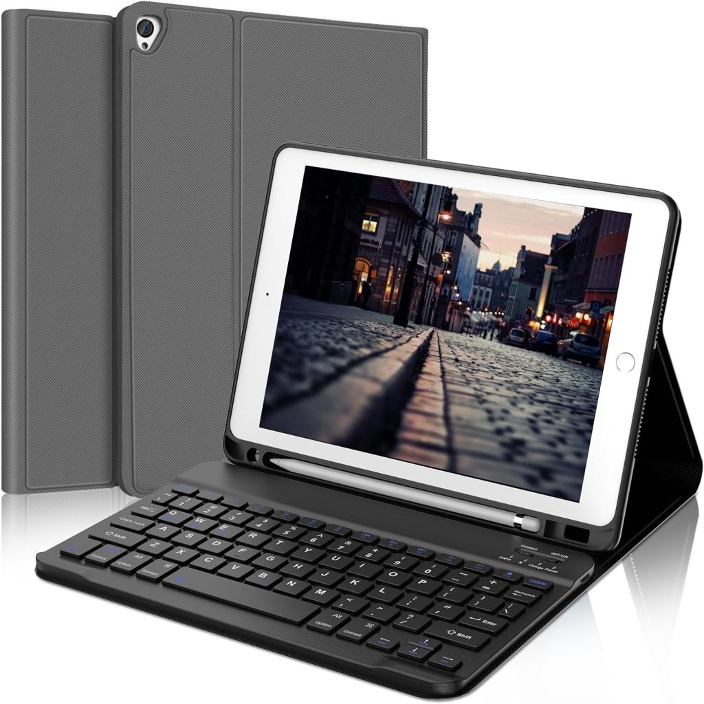 D DINGRICH iPad Case 10.2 with Keyboard, Slim Smart Case - Built-in Pencil Holder - Protective Folio Stand Cover - Detachable Bluetooth Keyboard - iPad Keyboard Case 9th/8th/7th Generation, Space Gray