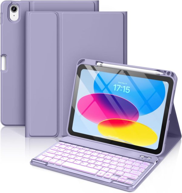 Hamile for iPad 10th Generation Case with Keyboard 10.9 Inch - 7 Colors Backlit Wireless Detachable Folio Keyboard Cover with Pencil Holder for New iPad 10th Gen 2022 (Lavender)
