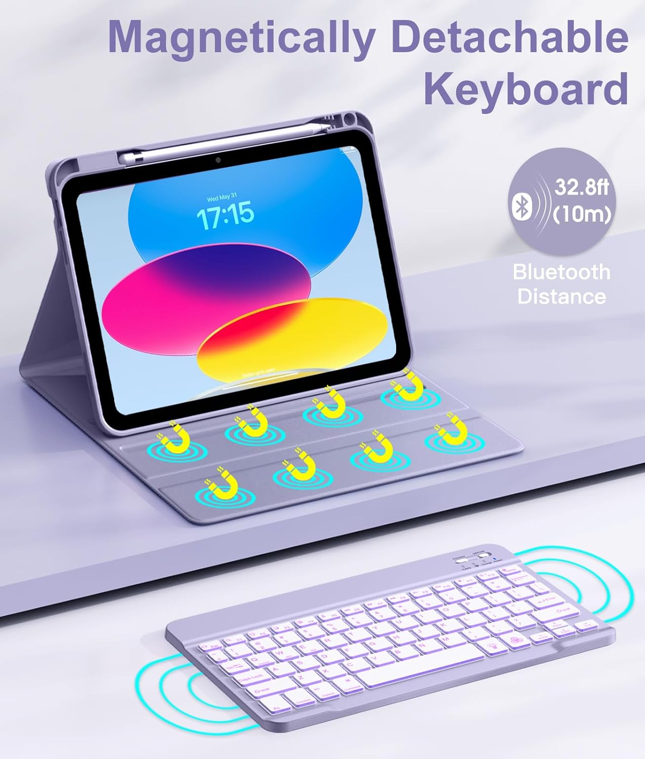 Hamile for iPad 10th Generation Case with Keyboard 10.9 Inch - 7 Colors Backlit Wireless Detachable Folio Keyboard Cover with Pencil Holder for New iPad 10th Gen 2022 (Lavender) - Image 4