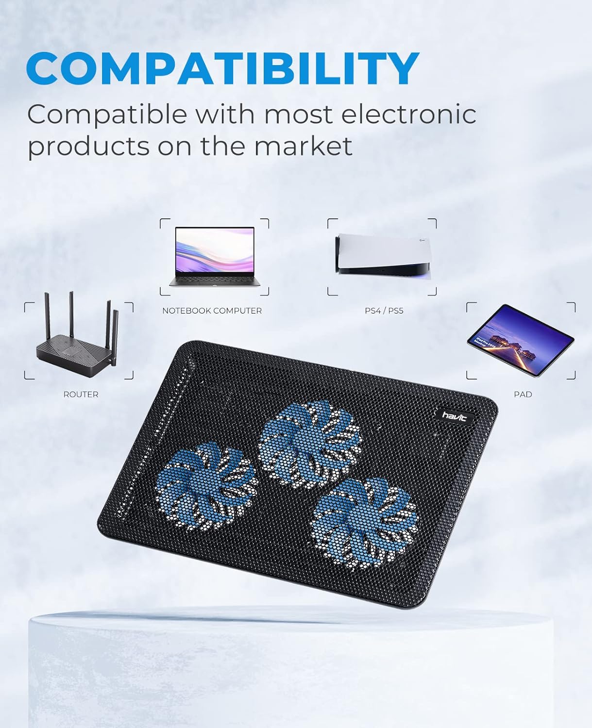 havit Laptop Cooling Pad, HV-F2056 15.6-17'' Slim Portable USB Powered (3 Fans), Black/Blue - Image 3