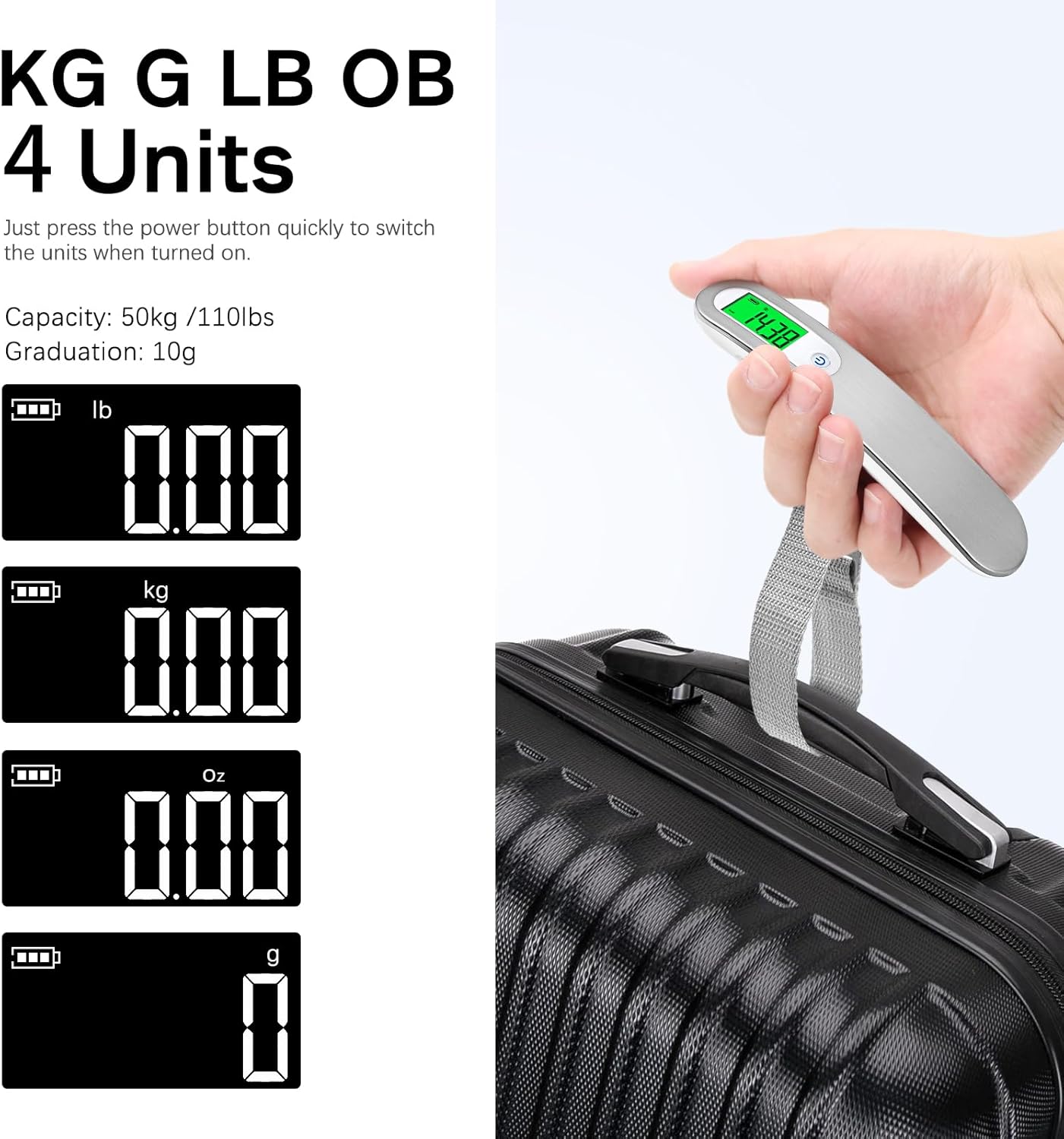 Rechargeable Luggage Scale with Strap & Type-C Port - Portable, Digital, High-Precision, and Ideal for Backpacks, Suitcases, and Carry-Ons - Up to 110lb/50kg Capacity -Strap - Image 4