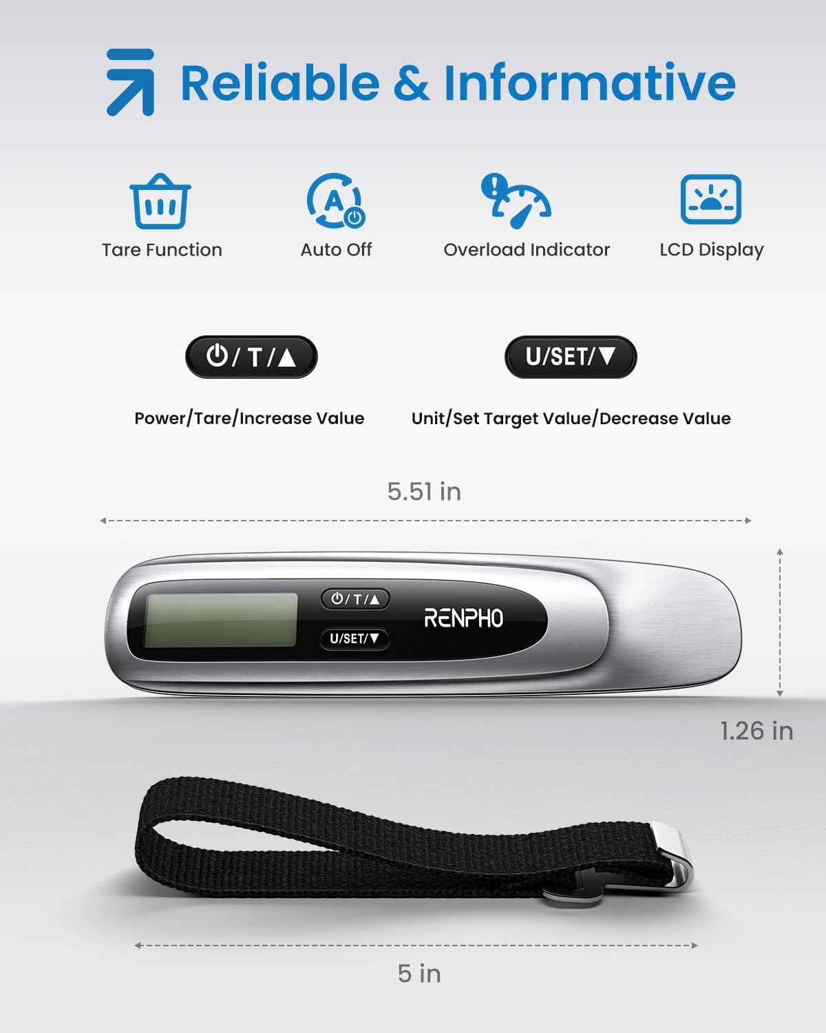 RENPHO Luggage Scale, Suitcase Scale for Travel, Baggage Weight Scale with Backlit, Portable Handheld Scale with Tare Function, Overweight Reminder, Rubber Paint, 110lb/50kg, Battery Included - Image 2