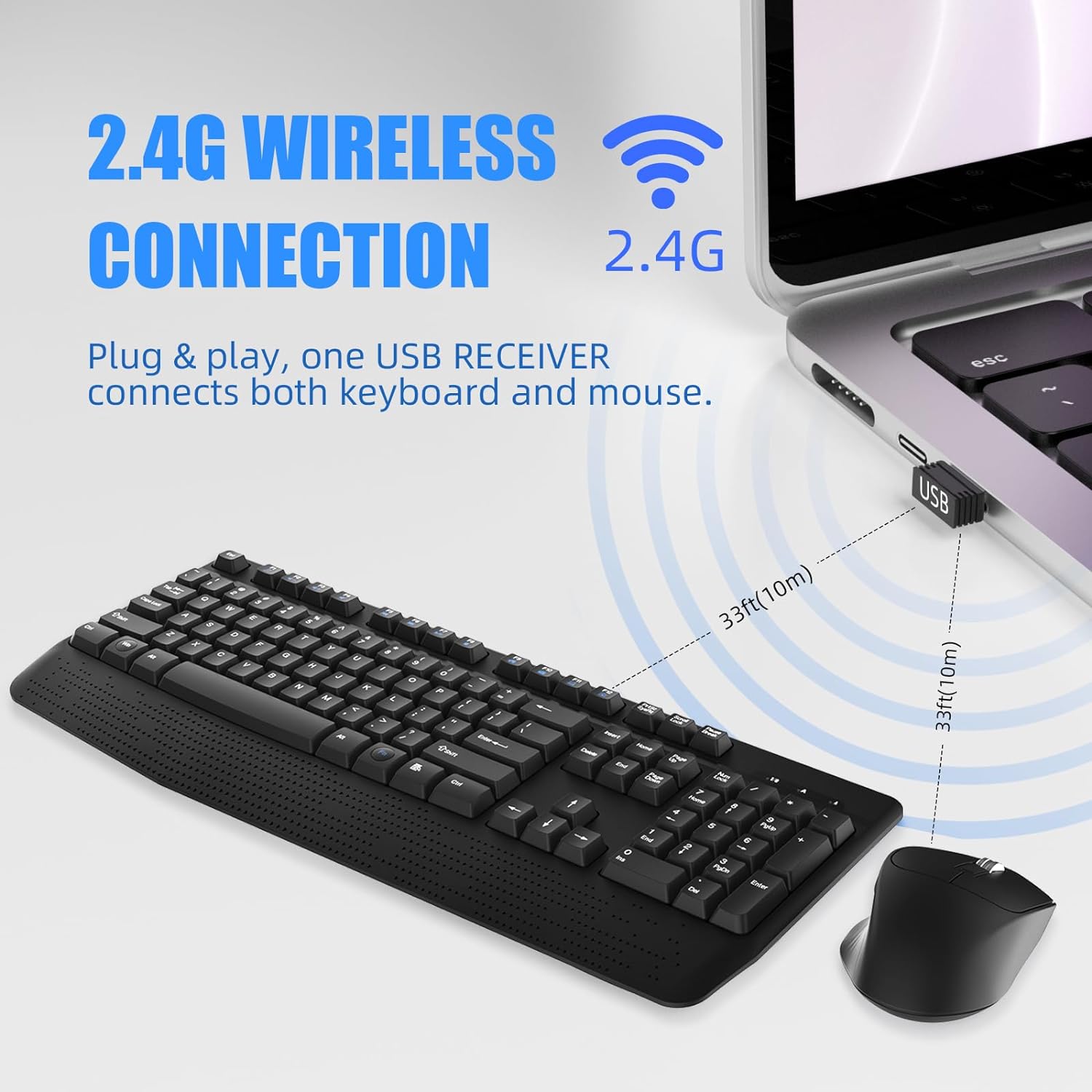 Wireless Keyboard and Mouse Combo, MARVO 2.4G Ergonomic Wireless Computer Keyboard with Phone Tablet Holder, Silent Mouse with 6 Button, Compatible with MacBook, Windows (Grey) - Image 3