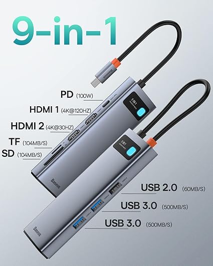Baseus Laptop Docking Station Dual Monitor 4K@120Hz, 9 in 1 USB C Hub with 2 HDMI, 1000Mbps LAN, 100W PD, 3 USB, SD Card Reader, USB C Dock Compatible with iPhone 15/Mac/Dell/HP/Surface/Steam Deck - Image 4