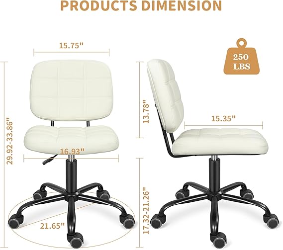 Armless Home Office Desk Chair with Wheels, Modern Ergonomic Drafting Rolling Chair with 360° Swivel Wheels,Height Adjustable Computer Task Chairs for Small Space, White - Image 2