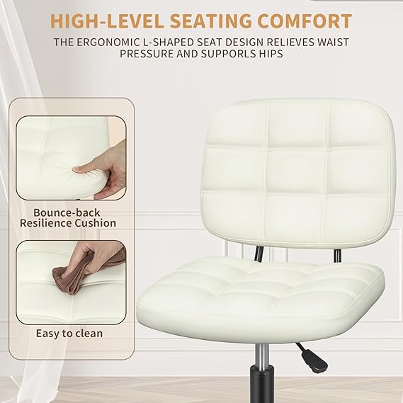 Armless Home Office Desk Chair with Wheels, Modern Ergonomic Drafting Rolling Chair with 360° Swivel Wheels,Height Adjustable Computer Task Chairs for Small Space, White - Image 4