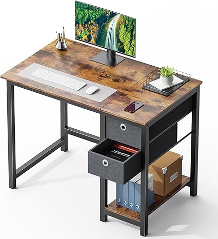 SMUG Computer Desk with Storage Drawers, 40 Inch Small Office Desk Modern Simple Workstation Study Writing Table for Home Bedroom, Rustic Brown