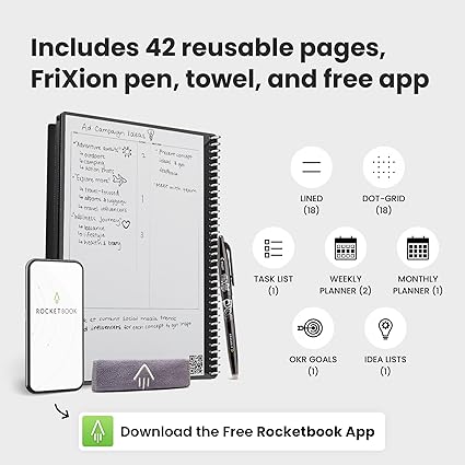 Rocketbook Fusion Reusable Undated Productivity Planner, Letter Size 8.5x11, Gray - Goals, Monthly and Weekly Calendar, Daily To-do List, Lined and Dotted Notes Pages - Image 2