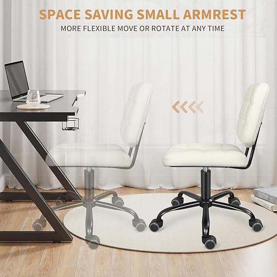 Armless Home Office Desk Chair with Wheels, Modern Ergonomic Drafting Rolling Chair with 360° Swivel Wheels,Height Adjustable Computer Task Chairs for Small Space, White - Image 3