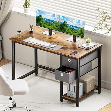 SMUG Computer Desk with Storage Drawers, 40 Inch Small Office Desk Modern Simple Workstation Study Writing Table for Home Bedroom, Rustic Brown - Image 2